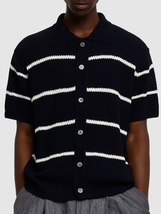 Dunst: Unisex stripe knit collared polo - Blue - men_2 | Luisa Via Roma