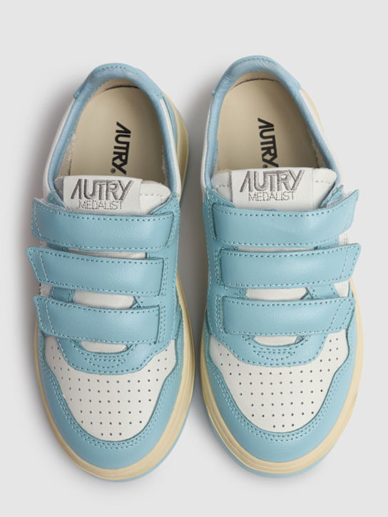 Autry: Kidstripes low leather strap sneakers - White/Blue - kids-girls_3 | Luisa Via Roma