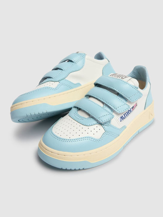Autry: Kidstripes low leather strap sneakers - White/Blue - kids-girls_1 | Luisa Via Roma