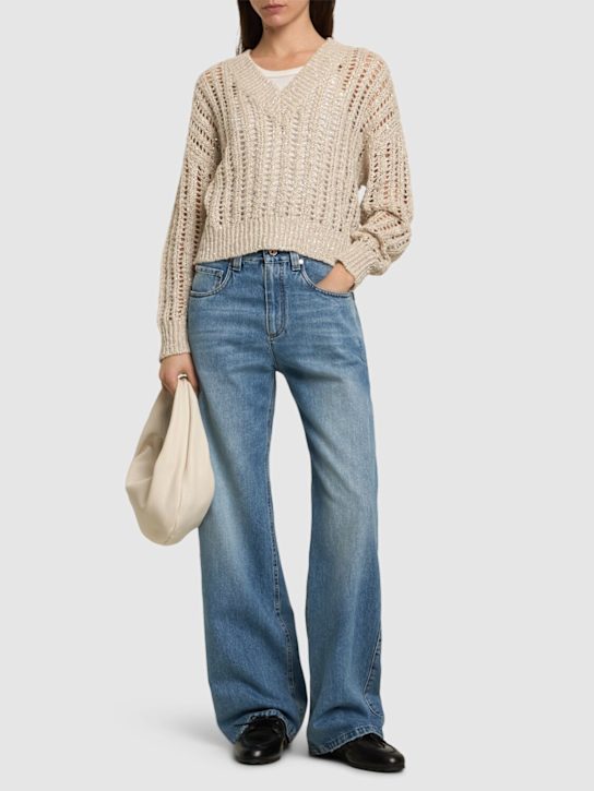 Lurex openwork knit v-neck sweater - Thumbnail 2