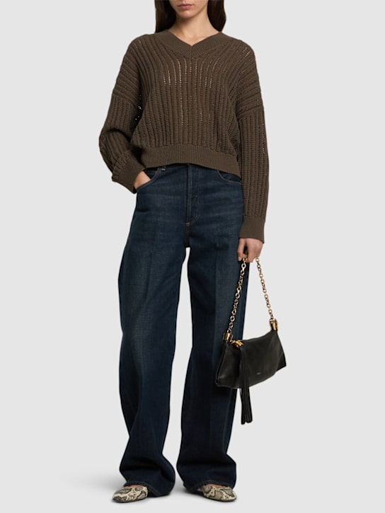 Brunello Cucinelli: Openwork cotton knit v-neck sweater - Brown - women_1 | Luisa Via Roma