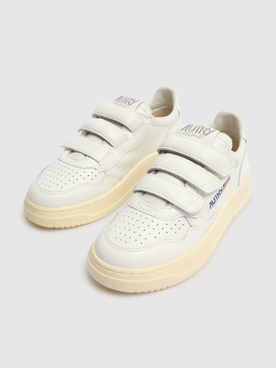 Autry: Kidstripes low leather strap sneakers - White - kids-boys_1 | Luisa Via Roma