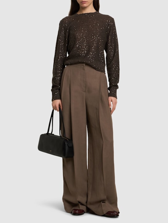 Brunello Cucinelli: 金银丝亚麻混纺圆领毛衣 - 棕色 - women_1 | Luisa Via Roma