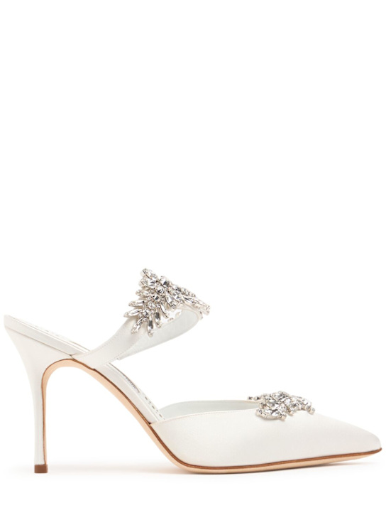 Manolo Blahnik: 90毫米"LURUM"施华洛世奇水晶丝缎穆勒鞋 - 白色 - women_0 | Luisa Via Roma