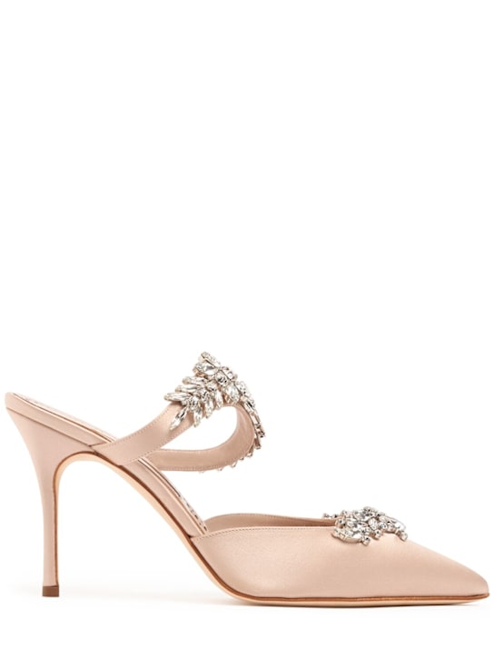 Manolo Blahnik: 90毫米"LURUM"施华洛世奇水晶丝缎穆勒鞋 - 腮红色 - women_0 | Luisa Via Roma