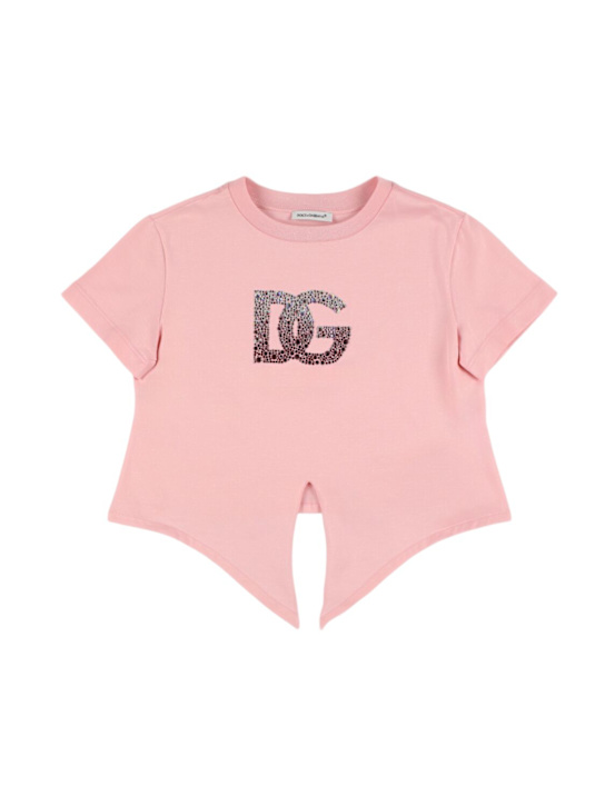 Dolce&Gabbana: T-shirt in cotone / decorazioni e nodo - Rosa - kids-girls_0 | Luisa Via Roma