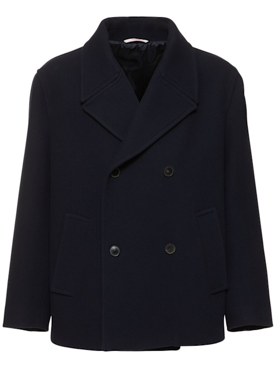 Valentino: Textured wool peacot - Navy - men_0 | Luisa Via Roma