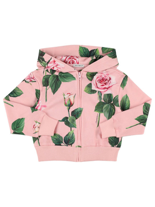 Dolce&Gabbana: Felpa in cotone stampatp con zip e cappuccio - Rosa/Multi - kids-girls_0 | Luisa Via Roma