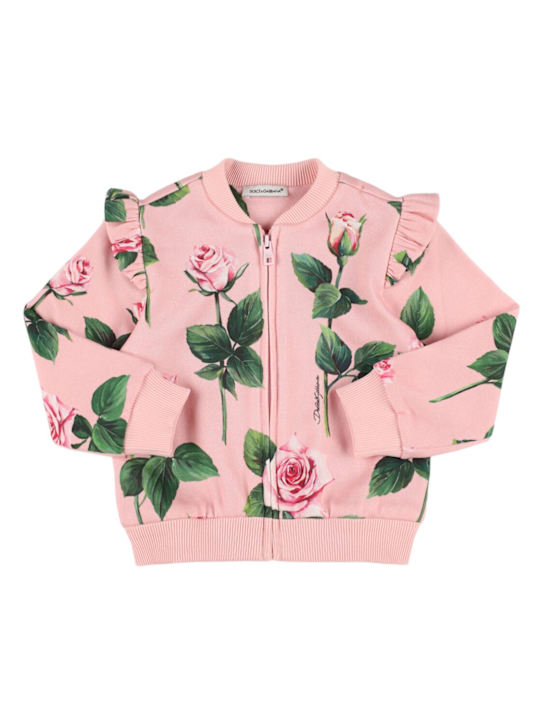 Dolce&Gabbana: Felpa in cotone con zip e stampa - Rosa/Multi - kids-girls_0 | Luisa Via Roma
