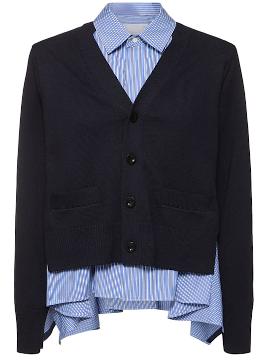 Sacai: Cotton blend poplin & knit cardigan - Navy/Multi - women_0 | Luisa Via Roma