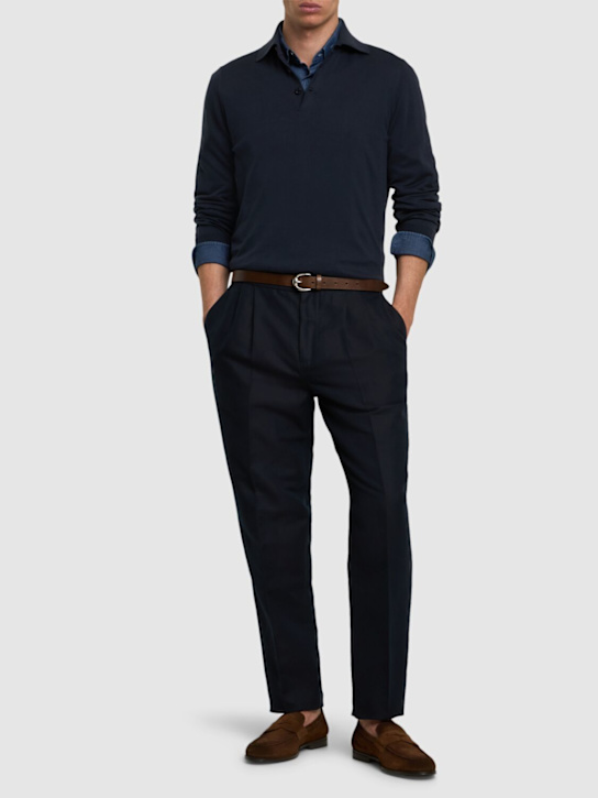 Brunello Cucinelli: Long sleeve cotton polo - Notte - men_1 | Luisa Via Roma