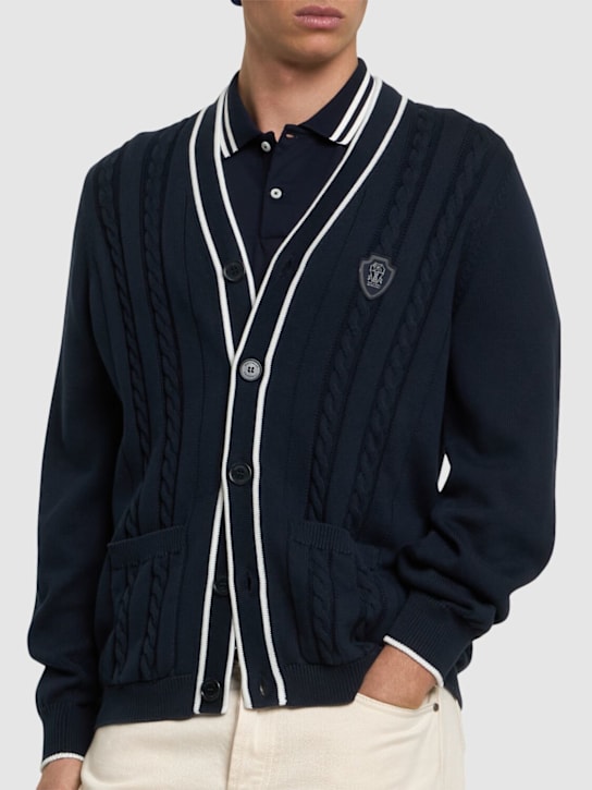 Brunello Cucinelli: Cotton knit tennis cardigan - Navy - men_2 | Luisa Via Roma