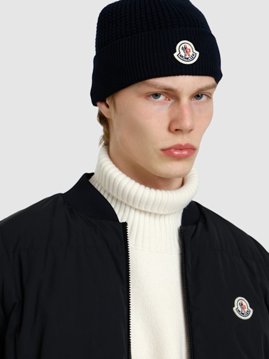 Moncler: Logo detail cotton beanie - men_1 | Luisa Via Roma