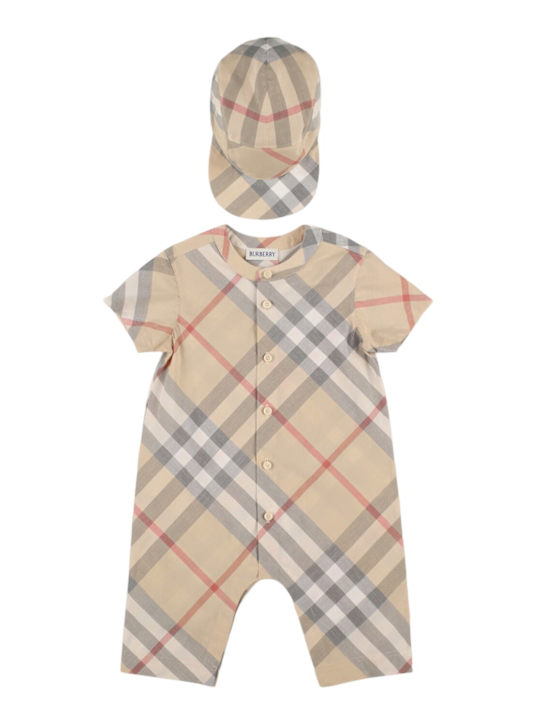 Burberry: Tutina e cuffietta in cotone stampa check - kids-girls_0 | Luisa Via Roma
