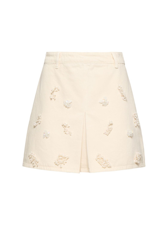 Self-portrait: Cotton denim floral beaded mini skirt - women_0 | Luisa Via Roma
