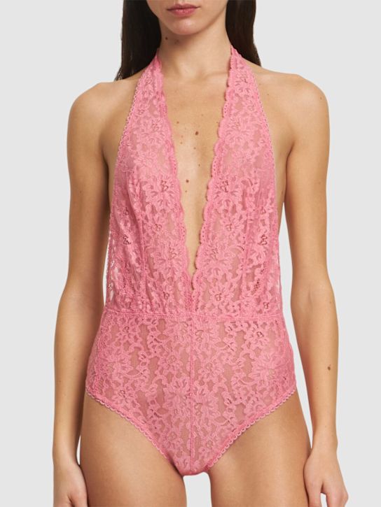 Fleur Du Mal: Charlotte halterneck lace teddy bodysuit - Pink Cadillac - women_1 | Luisa Via Roma