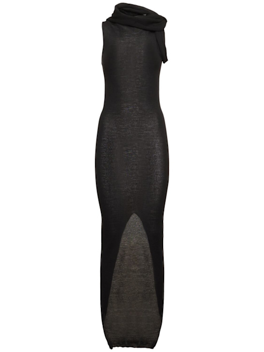Rick Owens: Banded T light wool wrap neck dress - Black - women_0 | Luisa Via Roma