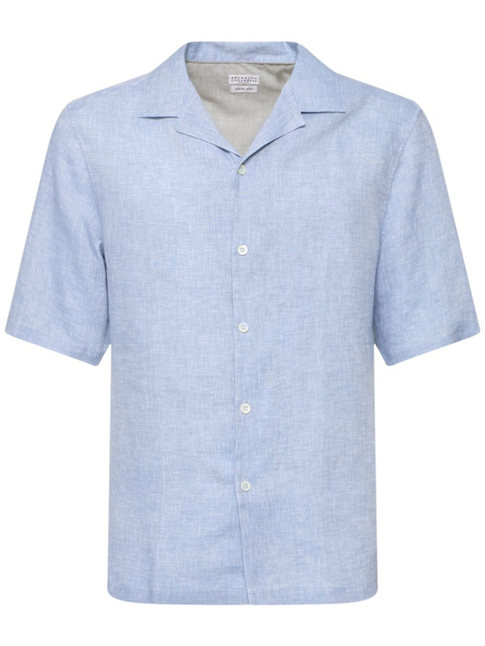 Brunello Cucinelli: Short sleeve linen shirt - Light Blue - men_0 | Luisa Via Roma