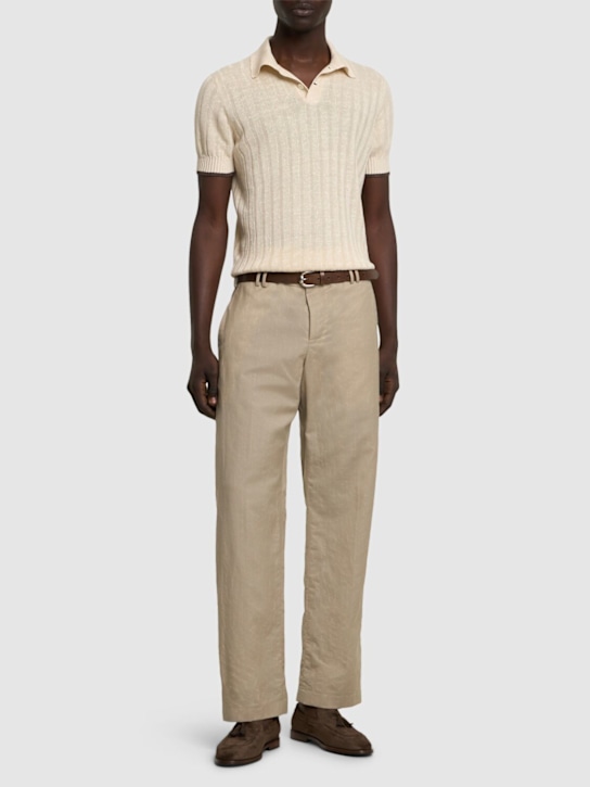Brunello Cucinelli: Cotton & linen polo - Beige/White - men_1 | Luisa Via Roma