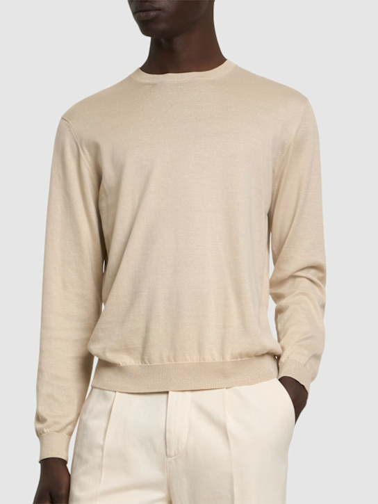 Lardini: Knit cotton crewneck sweater - Beige - men_2 | Luisa Via Roma