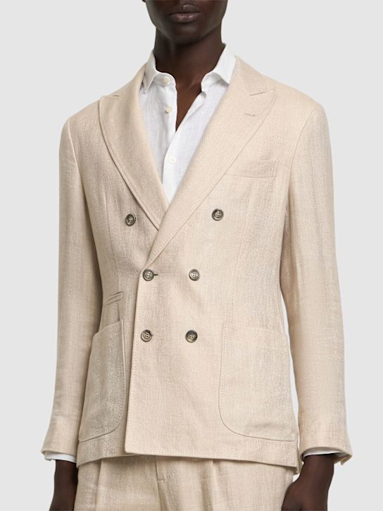 Brunello Cucinelli: Double breast linen blend suit - Sand - men_2 | Luisa Via Roma