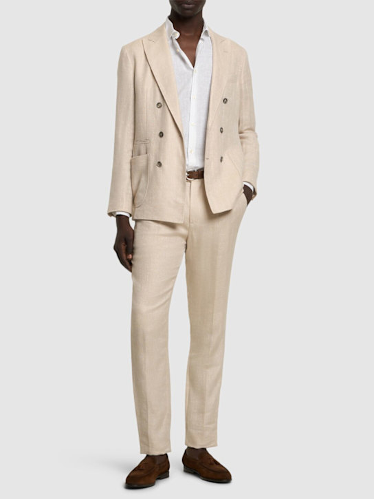 Brunello Cucinelli: Double breast linen blend suit - Sand - men_1 | Luisa Via Roma