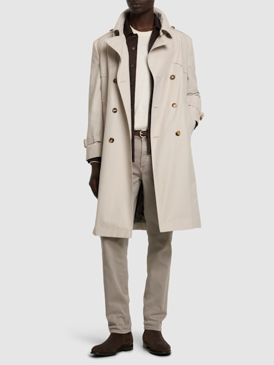 Brunello Cucinelli: Long cotton blend trench coat - Beige Freddo - men_1 | Luisa Via Roma