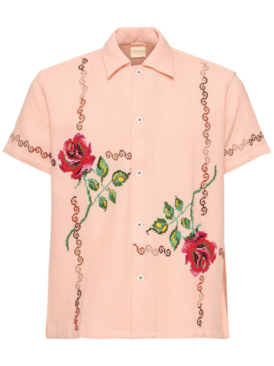 Harago: Floral cross stitched cotton s/s shirt - Pink - men_0 | Luisa Via Roma