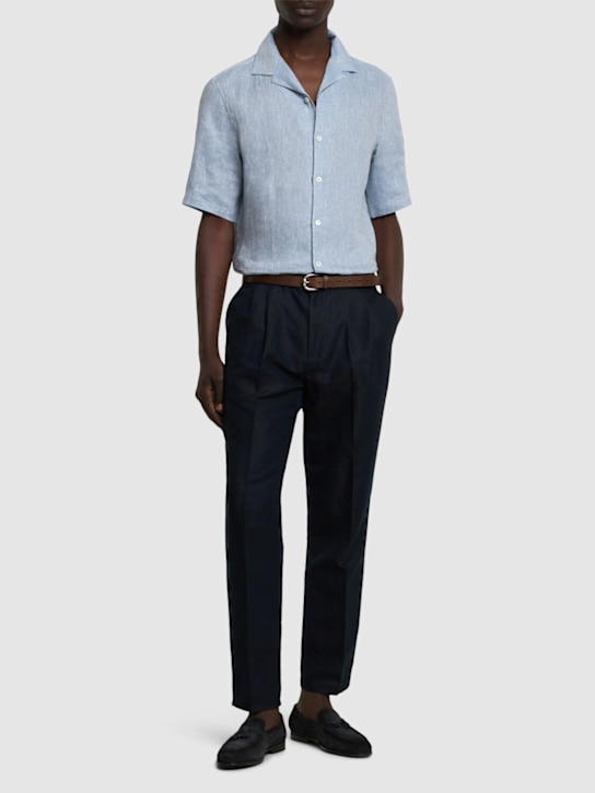 Brunello Cucinelli: Short sleeve linen shirt - Light Blue - men_1 | Luisa Via Roma