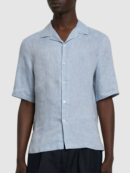 Brunello Cucinelli: Short sleeve linen shirt - Light Blue - men_2 | Luisa Via Roma