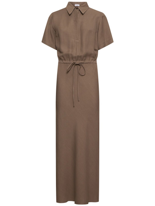 Brunello Cucinelli: 光滑亚麻混纺斜纹迷笛衬衫连衣裙 - 棕色 - women_0 | Luisa Via Roma