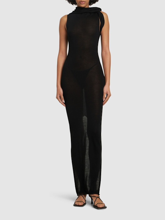 Rick Owens: Banded T light wool wrap neck dress - Black - women_1 | Luisa Via Roma