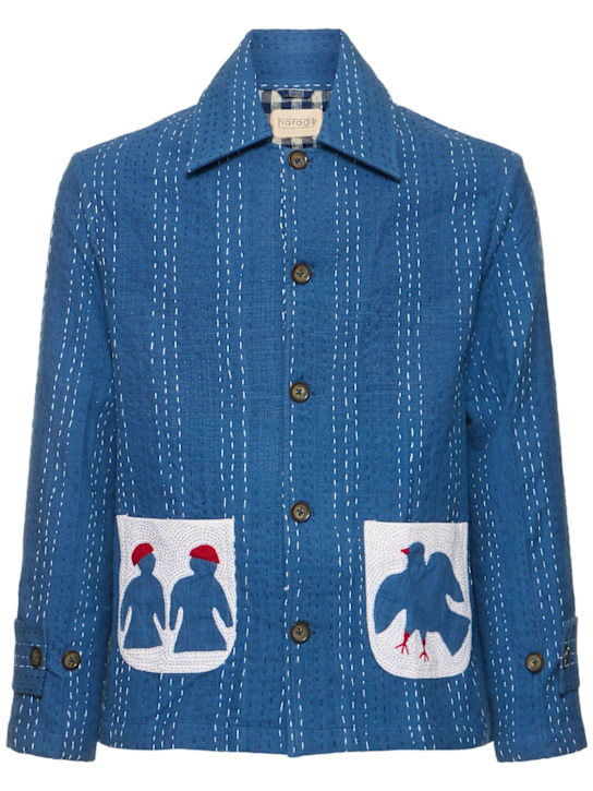 Harago: Kantha appliqué cotton jacket - Blue - men_0 | Luisa Via Roma