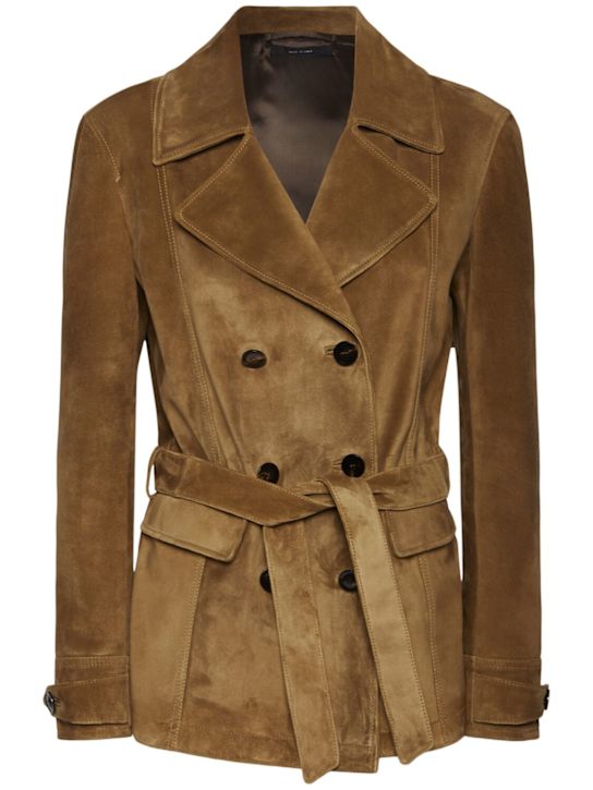 Tom Ford: Double breast suede peacoat - Brown - women_0 | Luisa Via Roma