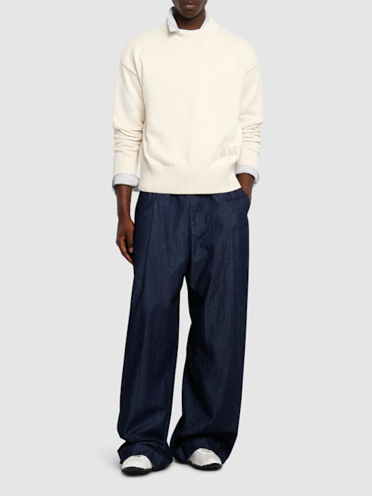 AMI Paris: Ami cotton & wool crewneck sweater - White Cream - men_1 | Luisa Via Roma