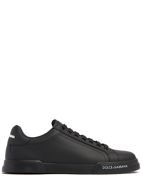 Dolce&Gabbana: Logo leather low sneakers - Nero/Nero - men_0 | Luisa Via Roma