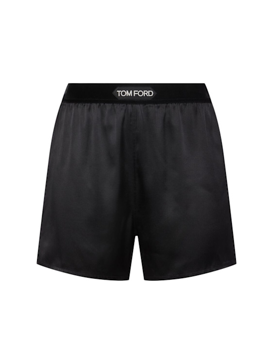 Tom Ford: Logo silk satin mini shorts - Black/White - women_0 | Luisa Via Roma