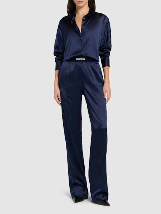 Tom Ford: Stretch silk satin relaxed fit shirt - Navy - women_1 | Luisa Via Roma