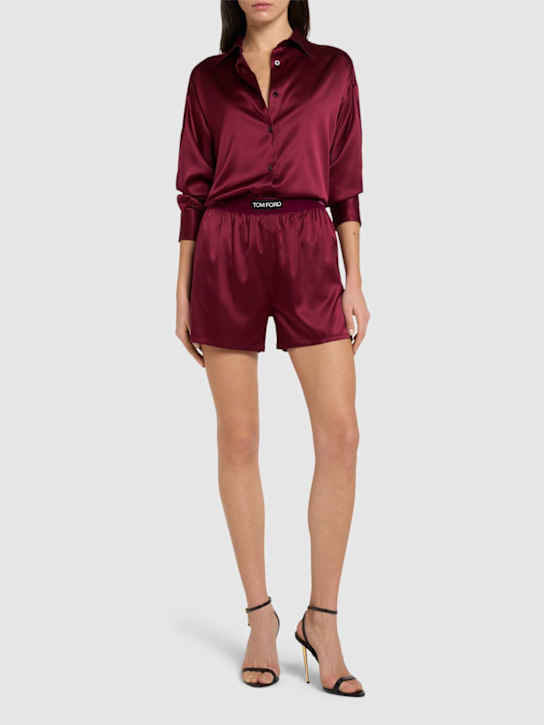 Tom Ford: Logo silk satin mini shorts - Dark Red - women_1 | Luisa Via Roma
