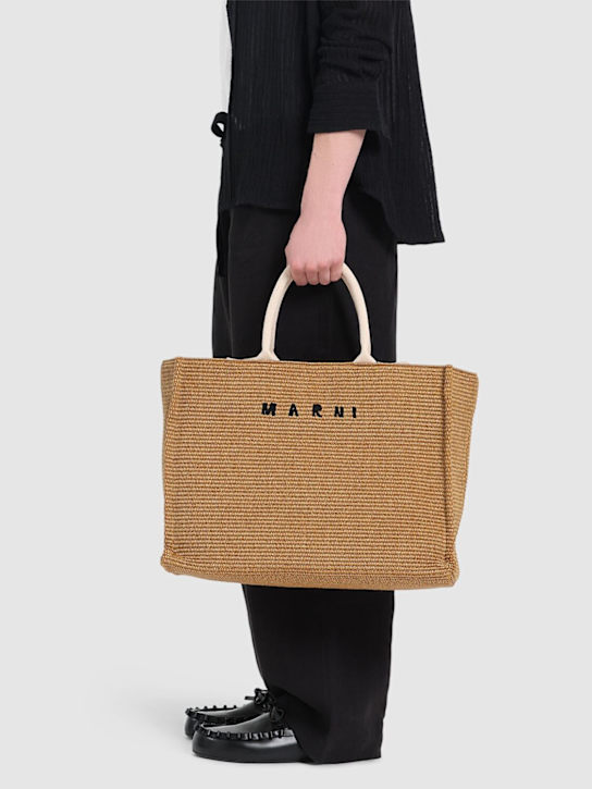 Marni: Medium logo raffia effect tote bag - Beige - men_1 | Luisa Via Roma
