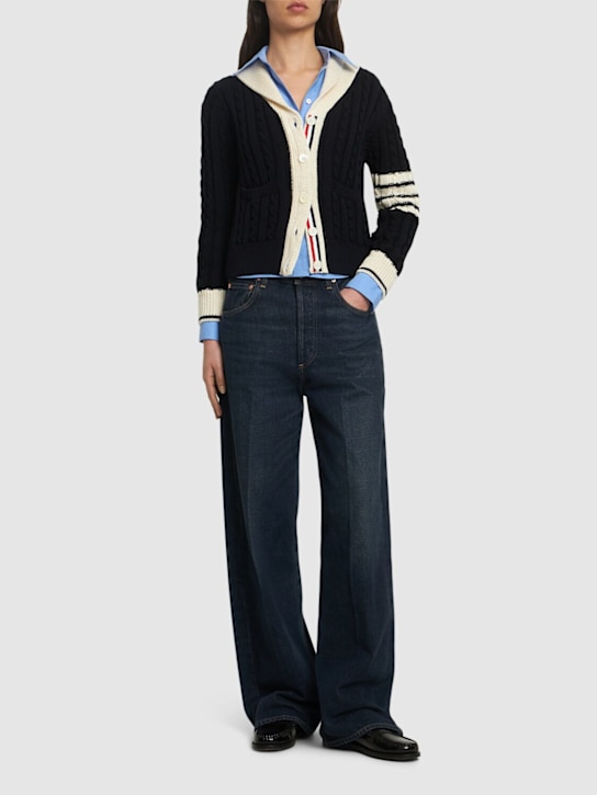 Thom Browne: Wool knit cardigan w/stripes - women_1 | Luisa Via Roma