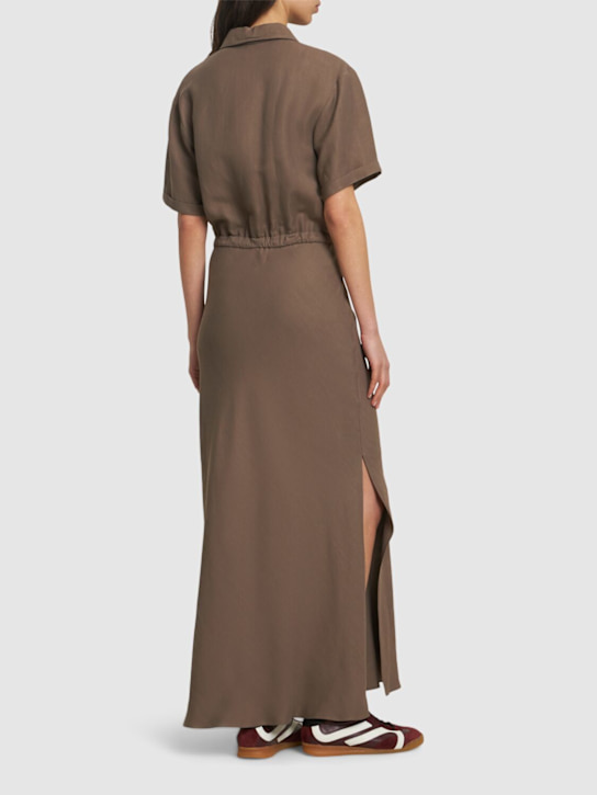 Brunello Cucinelli: 光滑亚麻混纺斜纹迷笛衬衫连衣裙 - 棕色 - women_2 | Luisa Via Roma