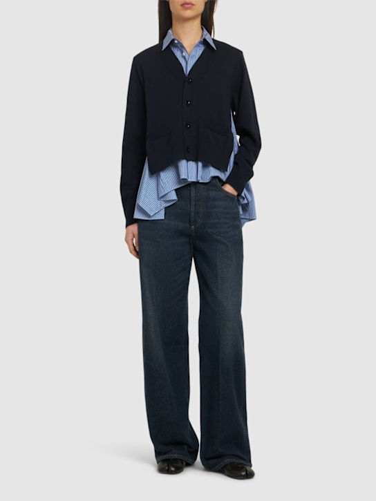 Sacai: Cotton blend poplin & knit cardigan - Navy/Multi - women_1 | Luisa Via Roma