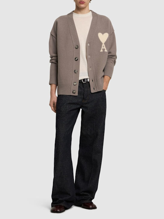 AMI Paris: ADC logo wool blend cardigan - Ash/Off White - men_1 | Luisa Via Roma