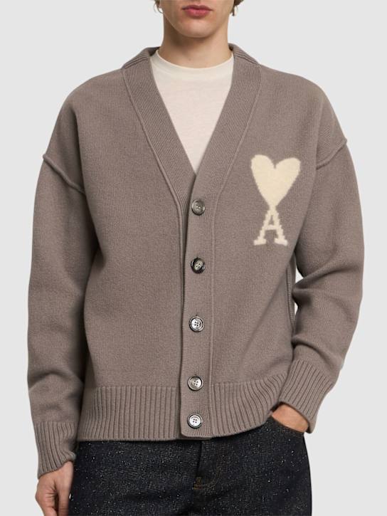 AMI Paris: ADC logo wool blend cardigan - Ash/Off White - men_2 | Luisa Via Roma