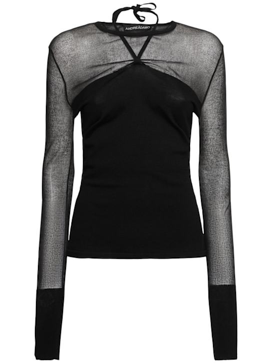 Knit viscose blend top w/sheer details - Thumbnail 1