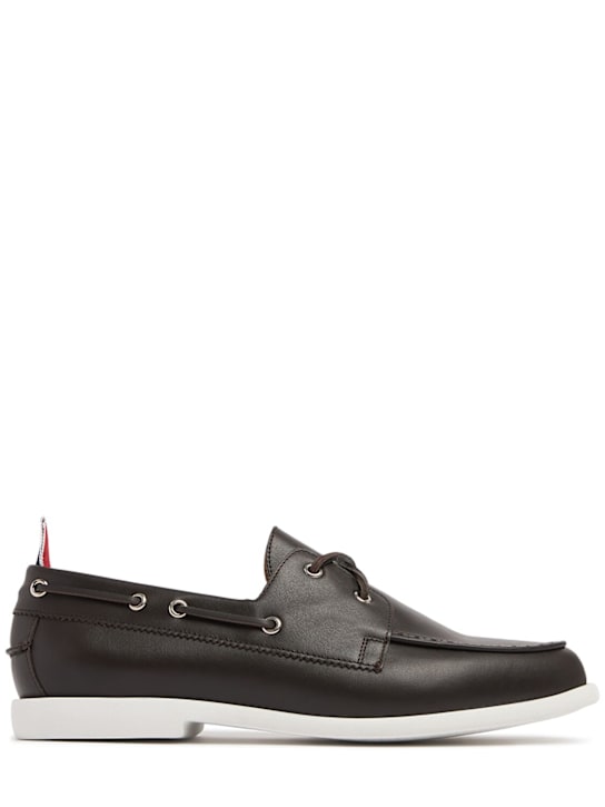 Thom Browne: Calf leather boat shoes - Brown - men_0 | Luisa Via Roma