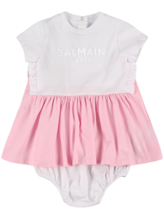 Balmain: Vestito e culotte in jersey di cotone con logo - Rosa/Bianco - kids-girls_0 | Luisa Via Roma
