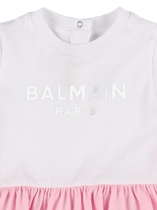 Balmain: Vestito e culotte in jersey di cotone con logo - Rosa/Bianco - kids-girls_1 | Luisa Via Roma
