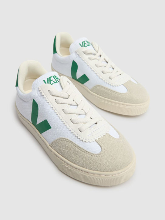 Veja: Small Volley canvas lace-up sneakers - White/Green - kids-girls_1 | Luisa Via Roma